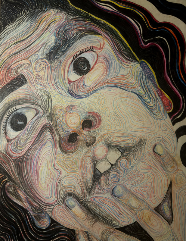 The Meltdown is a powerful art piece drawn from a bird's-eye view perspective, depicting a face using color pencils on a large paper canvas. The winding lines of various colors intricately swirl on the face, portraying the overwhelming emotional nuances of a meltdown and the manifestation of being overwhelmed. The artwork invites contemplation and empathy, allowing viewers to confront the universal experience of intense distress and resilience in the face of challenges, while serving as a poignant reminder of the beauty in embracing vulnerability and growth.